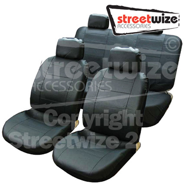 Leather Look Seat Cover Set with 5 Headrest Covers in All Black